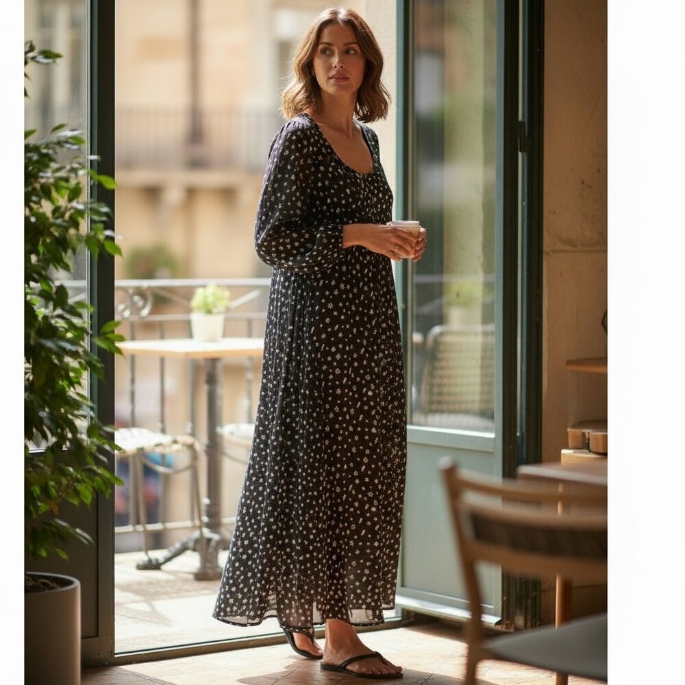 CHASER Long Sleeve Maxi Dress Stars Novelty Print ‎ XS Black #32Q